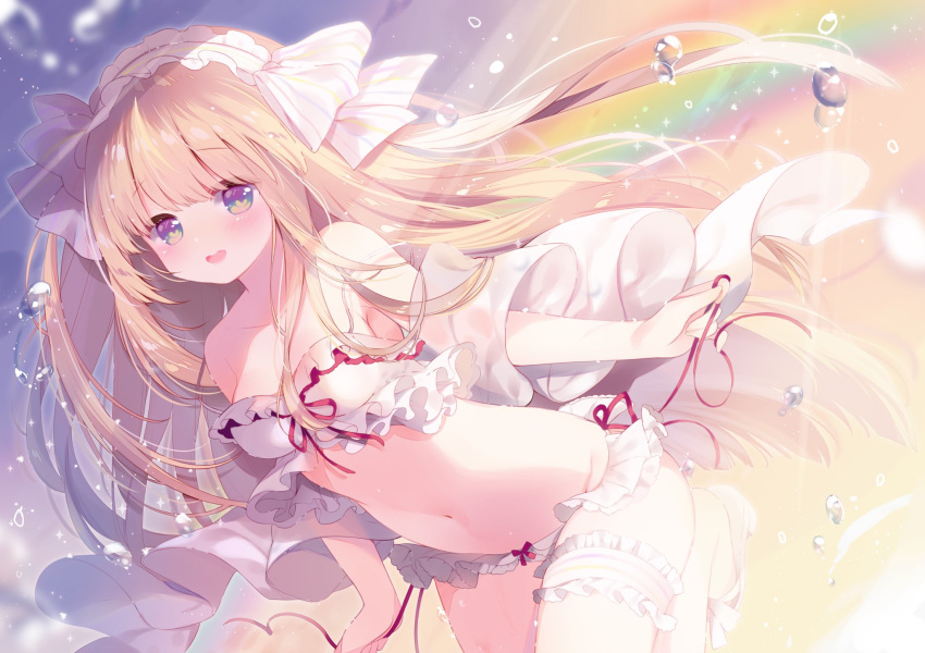 :d ame_usari arched_back bad_id bad_twitter_id bare_shoulders blonde_hair bow bow_panties breasts bridal_garter commentary_request female frilled_hairband frills hairband hairbow highres kougei_ciel_nana long_hair medium_breasts navel open_mouth panties purple_eyes rainbow red_ribbon ribbon round_teeth side-tie_panties smile solo sound_voltex sparkle striped striped_bow teeth underwear upper_teeth_only very_long_hair water_drop white_bow white_panties