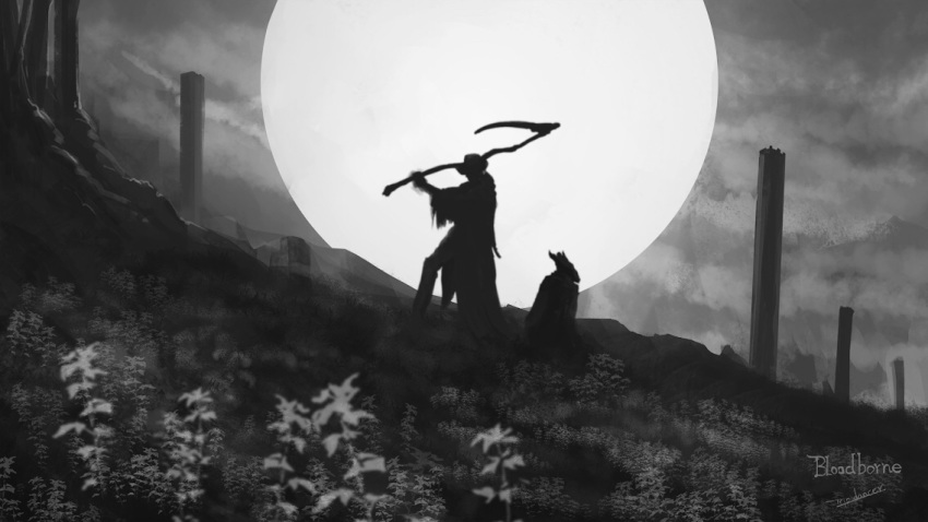 1boy 1other ambiguous_gender bloodborne burial_blade cloud cloudy_sky commentary copyright_name field flower flower_field fog gehrman_the_first_hunter greyscale hat hill holding holding_scythe holding_weapon hunter_(bloodborne) imminent_hit kneeling male_focus monochrome moon nature outdoors pillar scenery scythe silhouette sky spoilers standing tricorne tripdancer weapon wide_shot