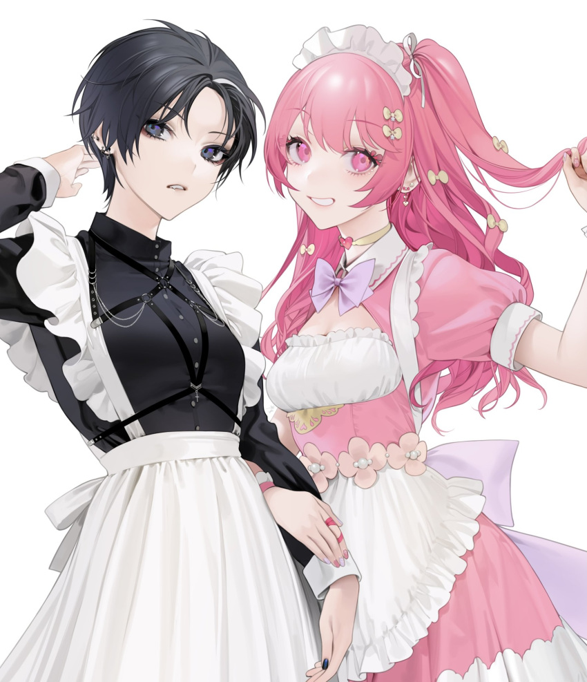 2girls apron black_dress black_hair black_nails bow bowtie breasts chae_na-ra choker cleavage collared_dress cropped dress ear_piercing earrings grey_eyes grey_hair hair_ornament hairbow heart heart_choker highres jewelry keishi_(shining_star) long_hair long_sleeves looking_at_viewer maid_apron maid_headdress multiple_girls ohisashiburi one_side_up parted_lips piercing pink_bow pink_dress pink_nails shining_star short_hair short_sleeves simple_background smile standing upper_body white_background