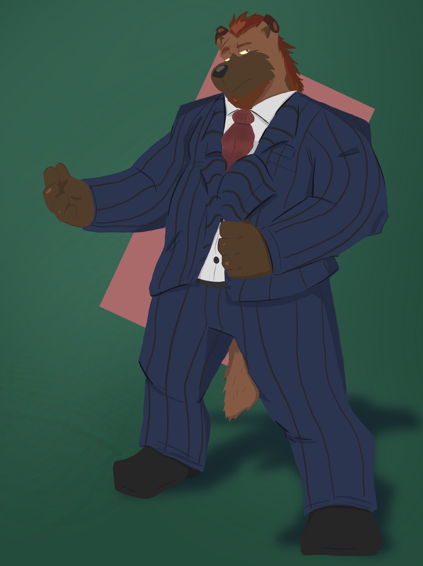 2020 anthro black_nose bottomwear brown_body clothing crew_(dippubear) dippubear green_background hi_res humanoid_hands hyena male mammal necktie pants shirt simple_background slightly_chubby solo spotted_hyena topwear