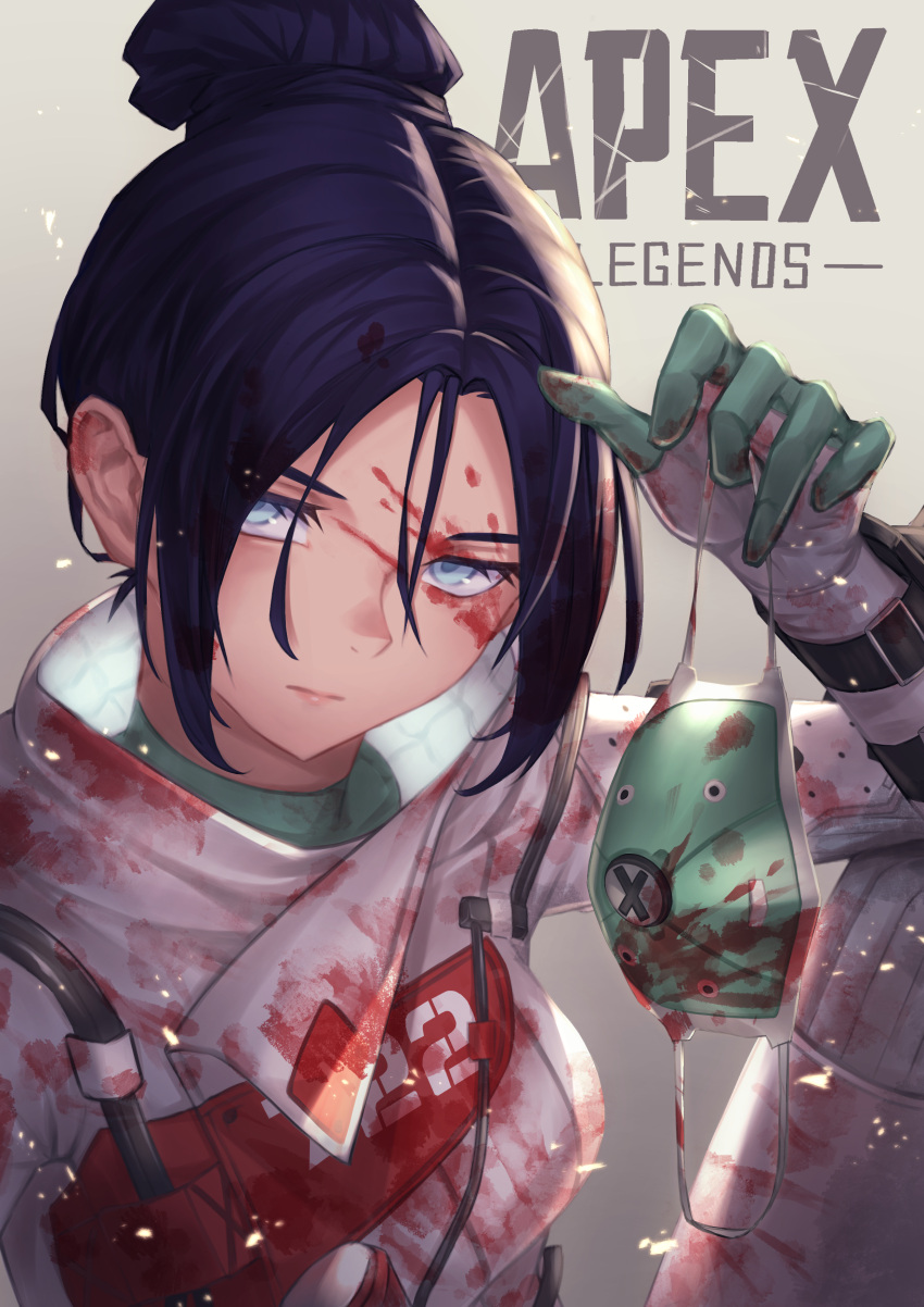 absurdres animification apex_legends black_hair blood blood_on_clothes blood_on_face blue_eyes bodysuit copyright_name female gloves hair_behind_ear hair_bun head_tilt highres holding holding_mask logo looking_at_viewer mask official_alternate_costume parted_bangs quarantine_722_wraith single_hair_bun sitting solo takunoshin unworn_mask white_bodysuit white_gloves wraith_(apex_legends)