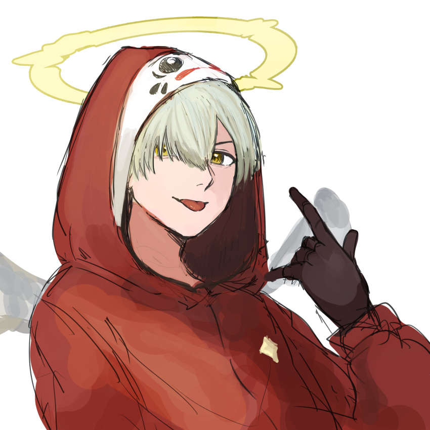 1boy \m/ absurdres arisyooon black_gloves crazy_raccoon daruma_is_god eyebrows_hidden_by_hair gloves grey_hair halo highres hood hoodie male_focus red_hoodie solo tongue tongue_out v-shaped_eyebrows white_background yellow_eyes