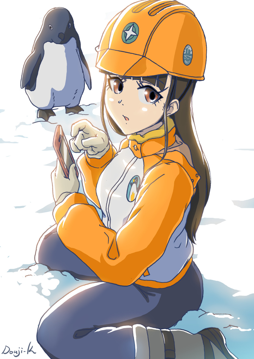 bird black_hair black_pants boots brown_eyes cellphone commentary_request female gloves hard_hat helmet highres jacket kobuchizawa_shirase kuroneko_douji looking_at_viewer outdoors pants penguin phone sitting snow sora_yori_mo_tooi_basho wariza white_background white_gloves