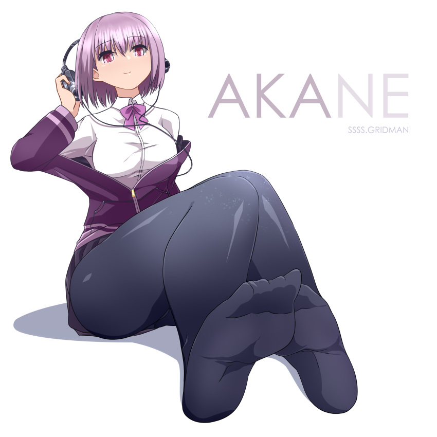 absurdres black_pantyhose bow bowtie button_gap cardigan collared_shirt feet female gridman_universe headphones highres jacket jacket_tug light_purple_hair no_shoes off_shoulder pantyhose purple_bow purple_bowtie purple_jacket shinjou_akane shirt simple_background sin_(pixiv17875500) soles solo ssss.gridman white_background white_cardigan