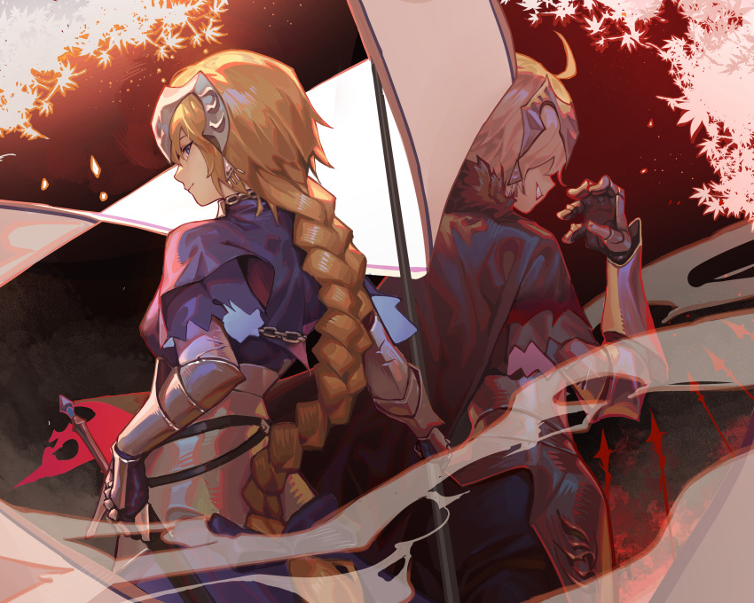 2girls absurdres armor blonde_hair blue_eyes braid breasts chinese_commentary commentary fate/apocrypha fate/grand_order fate_(series) from_behind grey_hair headpiece highres jeanne_d'arc_(fate) jeanne_d'arc_(ruler)_(fate) jeanne_d'arc_alter_(avenger)_(fate) jeanne_d'arc_alter_(fate) jinlin large_breasts long_hair looking_at_viewer md5_mismatch multiple_girls resolution_mismatch revision short_hair single_braid smile source_smaller upper_body very_long_hair yellow_eyes