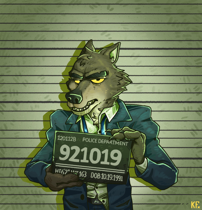 2021 absurd_res anthro canid canine canis clothing dreamworks english_text fur hi_res holding_object holding_sign imperial_unit jail_placard katxfish lidded_eyes looking_at_viewer male male_anthro mammal measurements mr._wolf_(the_bad_guys) number numbered_tag placard police_lineup scene_interpretation sign solo station suit teeth text the_bad_guys unit wolf