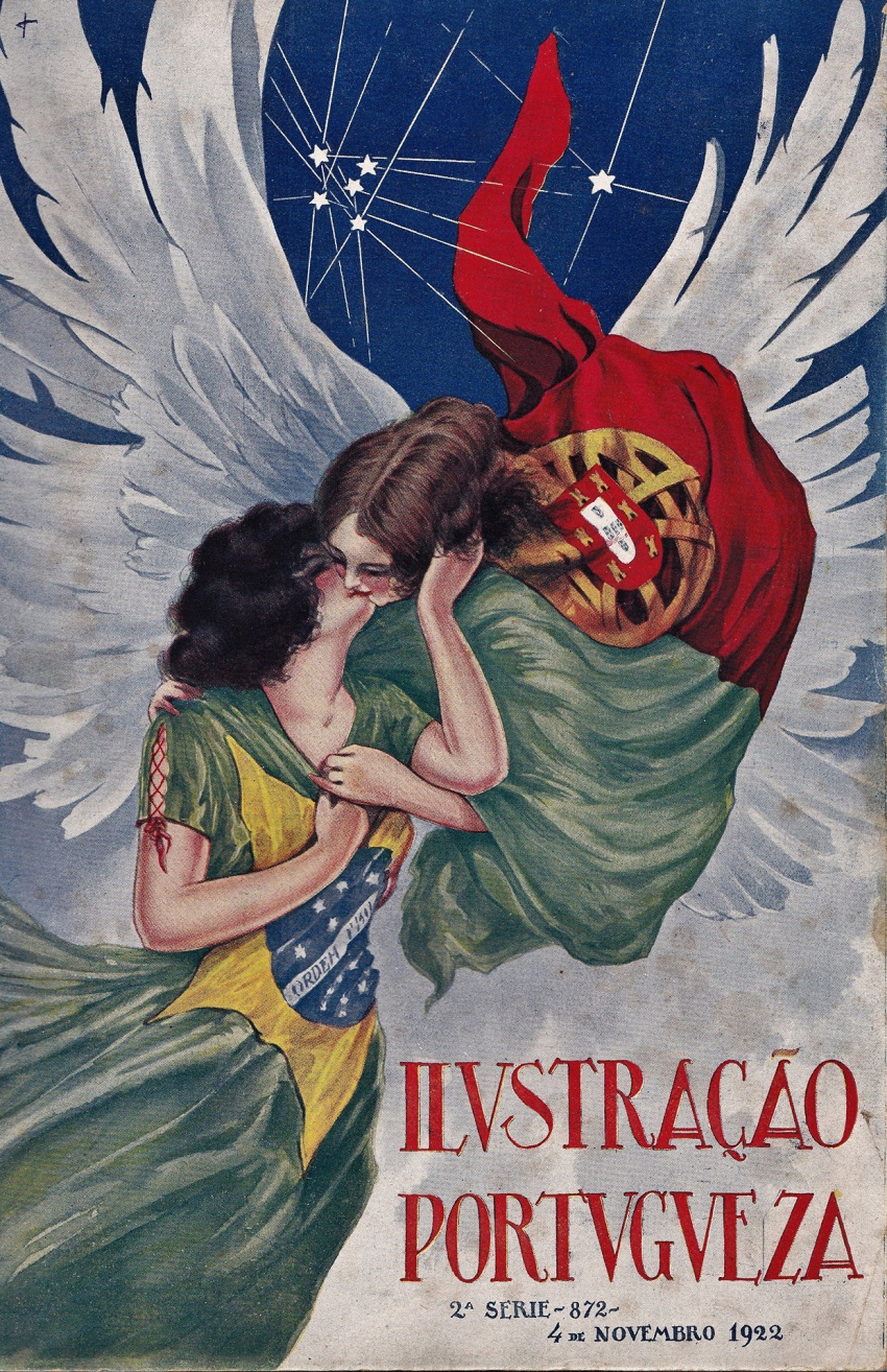 1922 20th_century ancient_art angel angel_humanoid black_hair brazil brazilian_flag brown_hair constellation duo feathered_wings feathers female female/female formal_art hair hi_res human human_on_humanoid humanoid ilustracao_portuguesa interspecies kissing mammal not_furry personification portugal portuguese_flag portuguese_text star text unknown_artist white_body white_feathers white_wings winged_humanoid wings