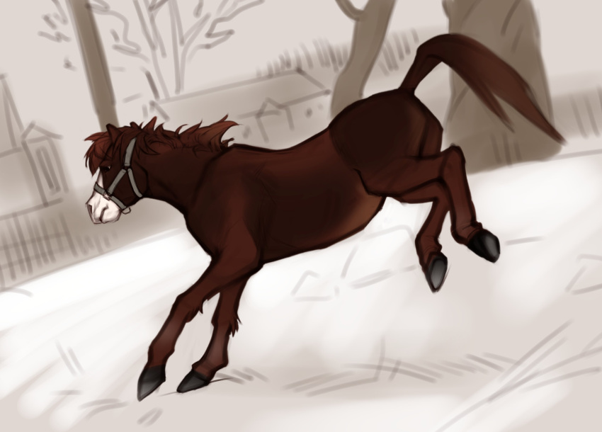 2021 ambiguous_gender bridle brown_hair day detailed_background digital_media_(artwork) equid equine feral hair hi_res hooves horse mammal outside poofroom solo