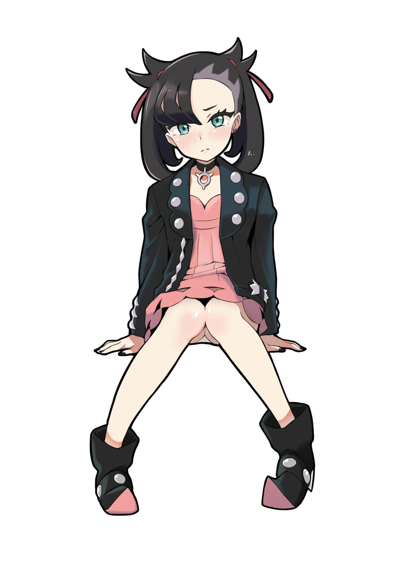 black_choker black_hair black_jacket black_nails blue_eyes blush choker commentary_request dress earrings female highres jacket jewelry marnie_(pokemon) medium_hair pink_dress pokemon pokemon_swsh sitting solo white_background zero_(miraichizu)