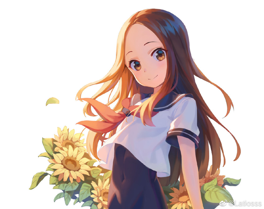 bodysuit brown_eyes brown_hair commentary_request covered_navel female flower forehead karakai_jouzu_no_takagi-san latioss leaf long_hair looking_at_viewer neckerchief shirt shirt_overhang short_sleeves simple_background smile solo sunflower takagi-san upper_body white_background white_shirt yellow_flower