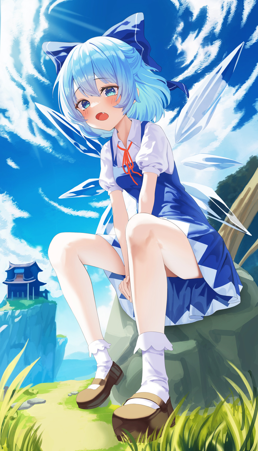 absurdres blue_bow blue_dress blue_eyes blue_hair blue_sky blush bow brown_footwear cirno cloud commentary day dress female grass hair_between_eyes hairbow highres ice ice_wings ju-ok legs looking_at_viewer oerba_yun_fang open_mouth outdoors shoes short_hair sitting skin_fang sky socks solo touhou white_socks wings