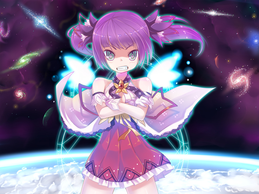 aisha_landar angry bad_id bad_pixiv_id bare_shoulders battle_magician_(elsword) clenched_teeth crossed_arms dexp elsword female galaxy gloves gunbuster_pose highres long_hair magic_circle parody planet purple_eyes purple_hair purple_skirt skirt solo space teeth twintails