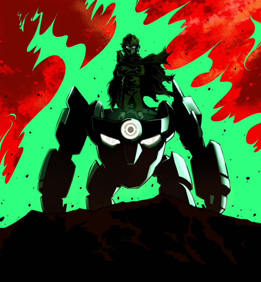 1boy aged_down armadillo bad_id bad_pixiv_id blonde_hair blue_hair cape crossed_arms drawfag getter_robo glowing glowing_eyes green_eyes guame highres lagann lordgenome lordgenome_(young) male_focus mecha multicolored_hair parody photoshop_(medium) robot spiral_power spiral_warrior tengen_toppa_gurren_lagann tengen_toppa_gurren_lagann:_parallel_works