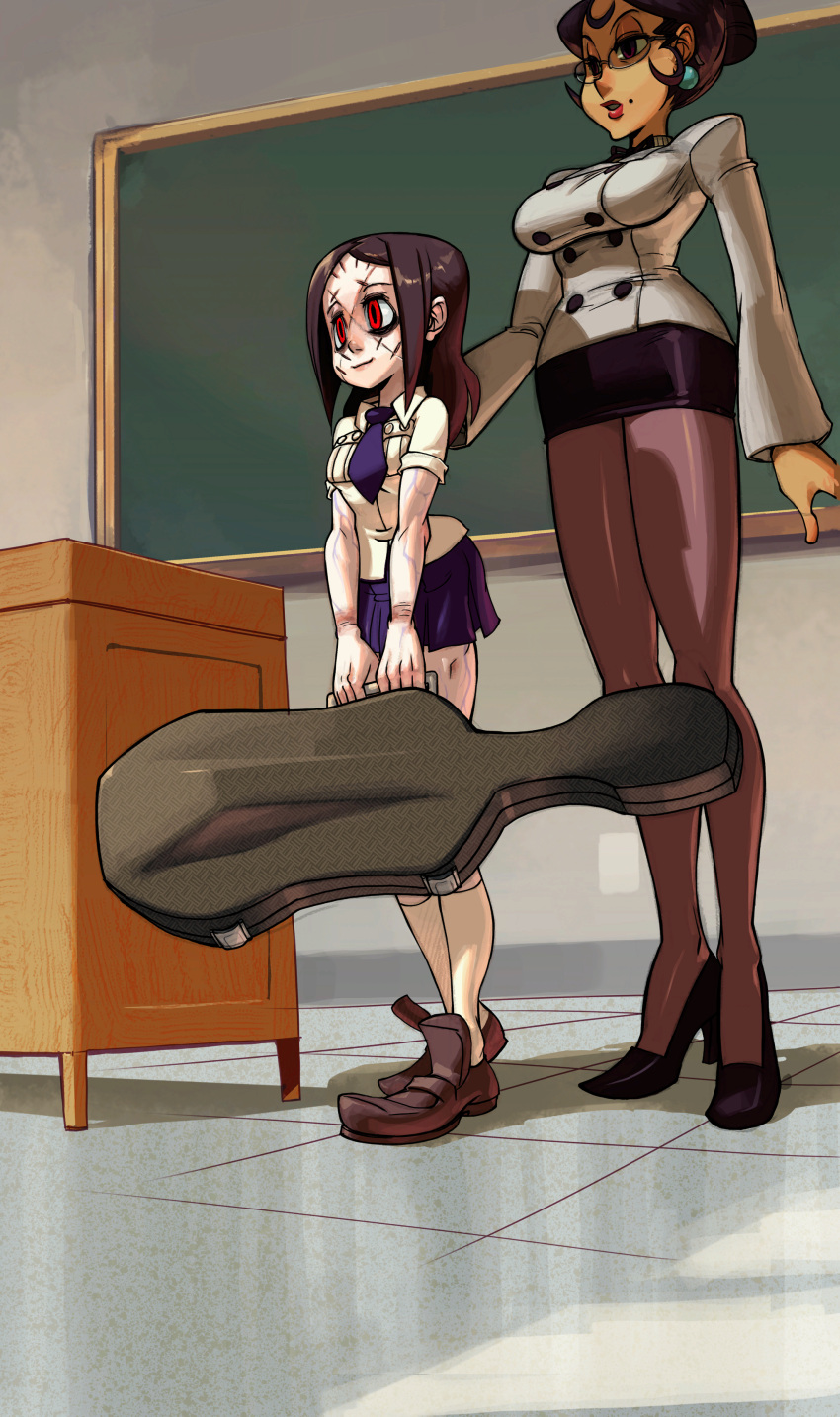 2girls absurdres aged_down artist_request bags_under_eyes breasts brown_hair carol_(skullgirls) chalkboard classroom earrings glasses good_end guitar_case high_heels highres impossible_clothes instrument_case jewelry legs lipstick long_legs makeup medium_breasts miniskirt mole mrs._victoria_(skullgirls) multiple_girls necktie official_art painwheel_(skullgirls) pale_skin pantyhose pencil_skirt red_eyes scar school_uniform shoes short_hair short_sleeves skirt skullgirls small_breasts smile socks spoilers stitches teacher veins