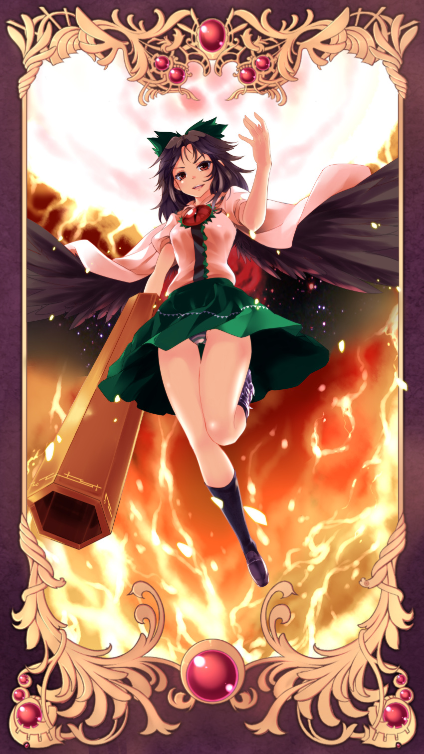 absurdres arm_cannon arm_up black_wings bow brown_eyes brown_hair cape commentary_request concrete female fire green_skirt hairbow highres huangquan_dong_(sinchi) open_mouth panties pantyshot photoshop_(medium) reiuji_utsuho shirt skirt solo space standing striped_clothes striped_panties thigh_gap third_eye touhou underwear upskirt weapon wings