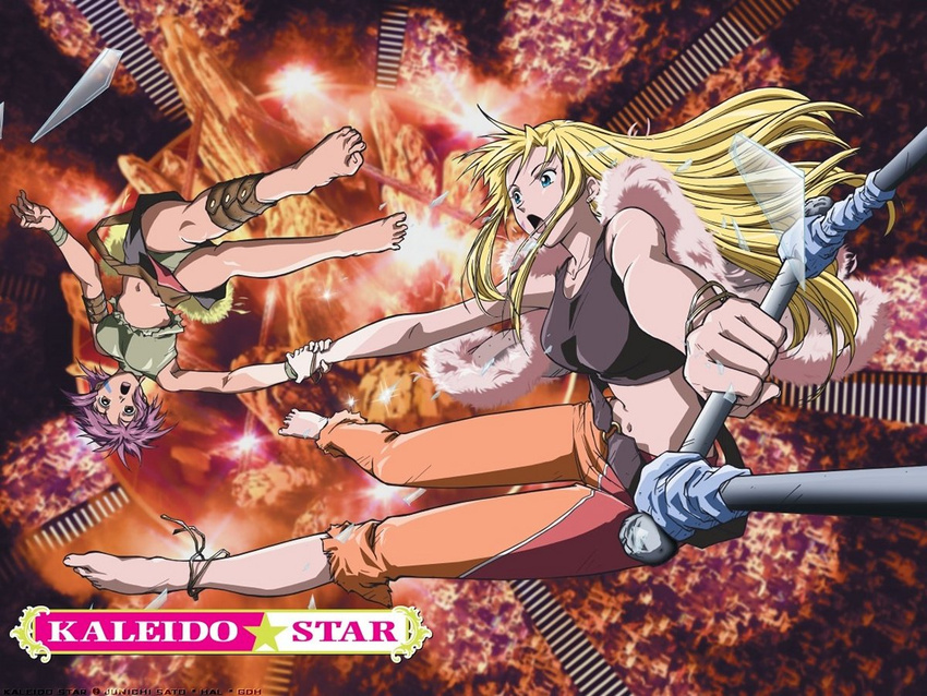 2girls ankle_wrap anklet artist_request bare_legs barefoot belt blonde_hair blue_eyes bracelet capri_pants facial_mark feet glass gonzo_(studio) jewelry kaleido_star layla_hamilton logo long_hair midriff multiple_girls naegino_sora navel official_art official_wallpaper open_mouth pants ponytail purple_hair shards skirt tank_top trapeze underwear wrist_wrap