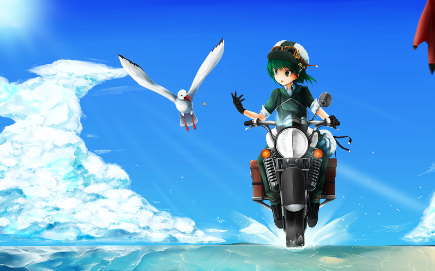 androgynous bird brough_superior cloud commentary_request day female fur_hat gloves goggles goggles_on_head green_hair hat hermes_(kino_no_tabi) highres ilis kino_(kino_no_tabi) kino_no_tabi motor_vehicle motorcycle photoshop_(medium) reverse_trap seagull sky sleeves_rolled_up water