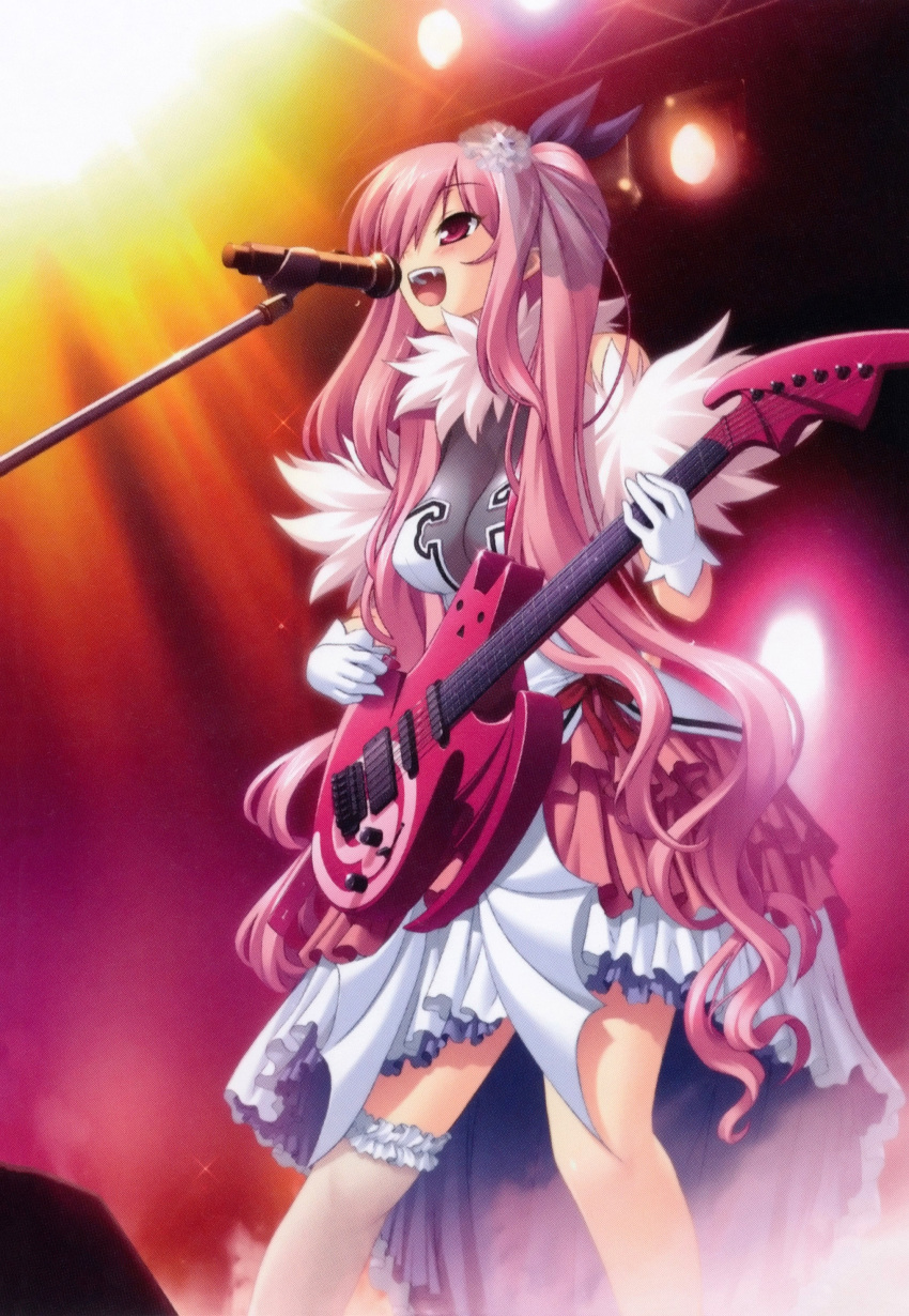 absurdres chu_x_chu_idol chu_x_chu_idol_2 chua_churam female frills gloves guitar hair_ornament hair_over_one_eye highres instrument long_hair microphone microphone_stand official_art ozawa_akifumi photoshop_(medium) pink_hair red_eyes scan solo stage stage_lights very_long_hair white_gloves