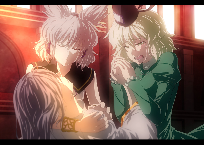 3girls bad_id bad_pixiv_id blonde_hair blush bracelet brown_hair closed_eyes crying crying_with_eyes_open death dress earmuffs green_dress green_eyes grey_hair hat isa japanese_clothes jewelry kariginu letterboxed long_hair manly_tears mononobe_no_futo multiple_girls open_mouth short_hair soga_no_tojiko tate_eboshi tears touhou toyosatomimi_no_miko white_hair