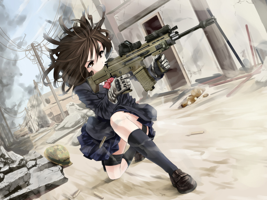 aircraft assault_rifle bad_id bad_pixiv_id battle black_socks blazer bow bowtie brown_eyes brown_hair casing_ejection combat_helmet dutch_angle female finger_on_trigger fn_scar fn_scar_16 gloves gun helicopter helmet highres jacket loafers military military_vehicle motor_vehicle muzzle_device omaru_gyuunyuu optical_sight original outdoors pleated_skirt pointing_weapon power_lines rifle school_uniform shell_casing shoes skirt smoke socks solo tank vertical_foregrip weapon