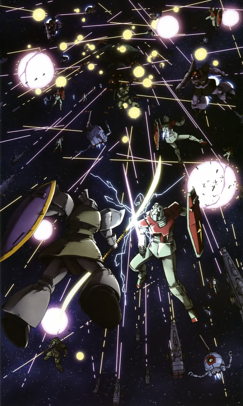 1970s_(style) 1980s_(style) absurdres artist_request assault_visor ball_(gundam) battle earth_federation energy_sword explosion gelgoog gm_(mobile_suit) gundam gundam_0083 highres laser mecha megellan_(gundam) mobile_suit_gundam no_humans retro_artstyle rick_dom robot salamis_class science_fiction shield space star_(sky) sword weapon zaku zaku_ii zaku_ii_f/j zeon zero_gravity