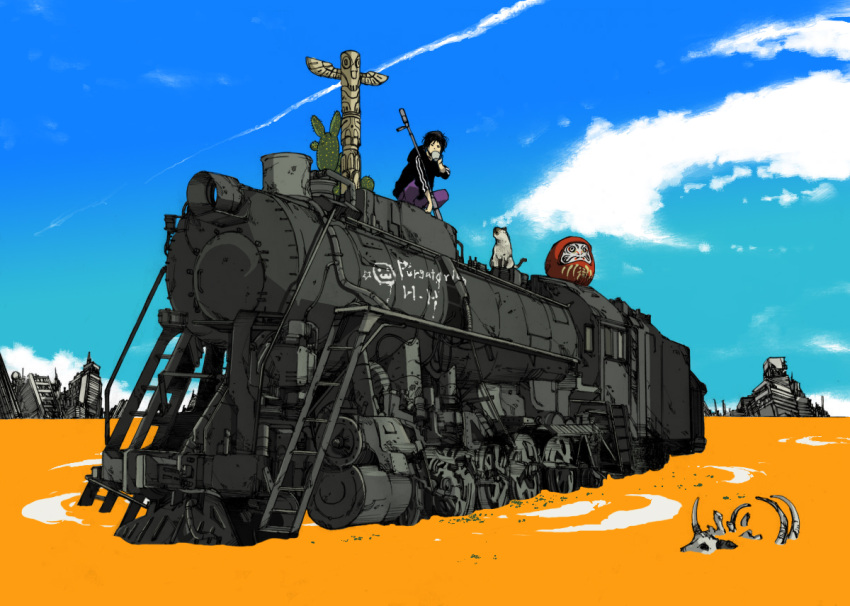 1boy bad_id bad_pixiv_id cactus cloud commentary_request cow_skull daruma_doll day desert drink feline gun locomotive makkamu male_focus original rifle ruins siamese_cat skeleton sky solo steam_locomotive surreal totem train weapon