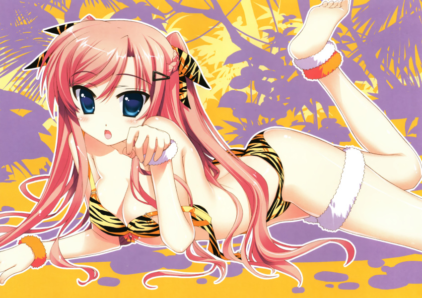 absurdres animal_print barefoot bikini blue_eyes breasts cleavage female fujima_takuya highres large_breasts leg_up lying meiki_raika off_shoulder on_stomach paw_pose pink_hair r-15_(series) scan solo swimsuit tiger_print two_side_up wardrobe_malfunction wristband