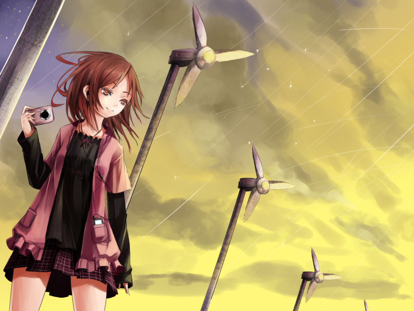 brown_eyes brown_hair camera cloud commentary_request female highres meteor_shower original reio_reio sky smile solo wind_turbine