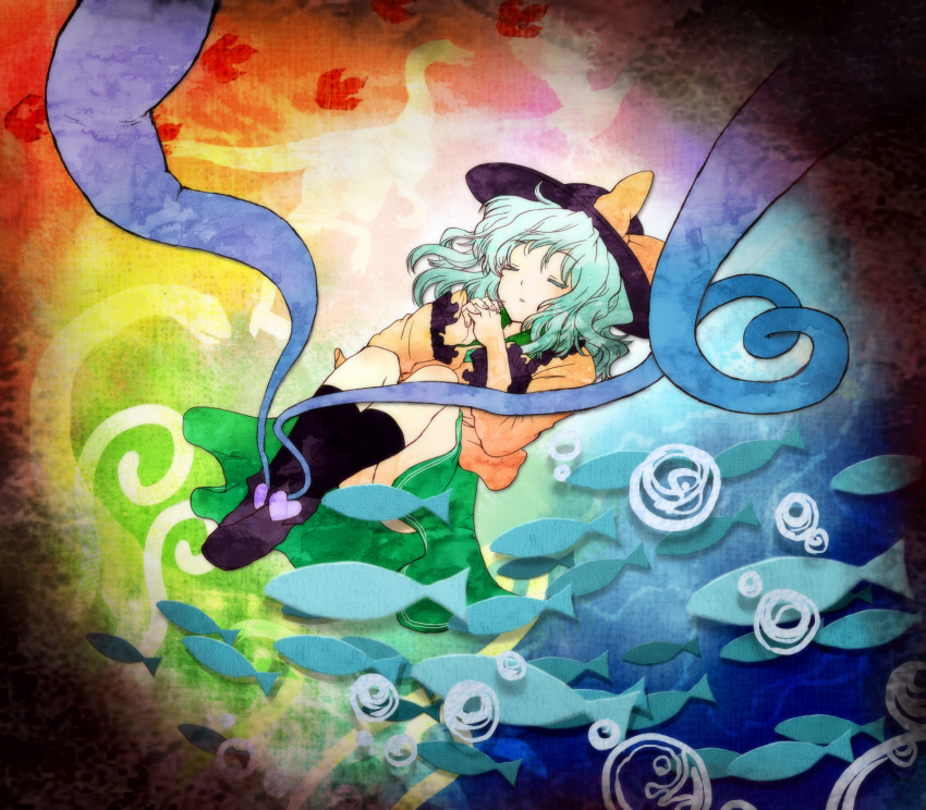 archaeopteryx bad_id bad_pixiv_id boots bubble closed_eyes dinosaur embryo female fish green_hair hat heart highres komeiji_koishi sauropod silhouette skirt snake solo sun_hat third_eye touhou water yacklemockle