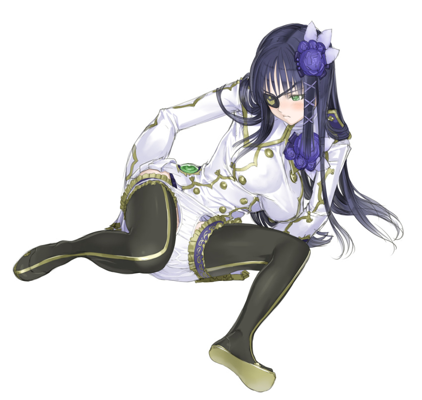 bad_id bad_pixiv_id black_hair black_thighhighs blush boots breasts eyepatch female full_body green_eyes large_breasts long_hair nagisa_(psp2i) nakabayashi_reimei panties phantasy_star phantasy_star_portable_2 phantasy_star_portable_2_infinity photoshop_(medium) sitting solo thigh_boots thighhighs underwear undressing uniform white_background white_panties