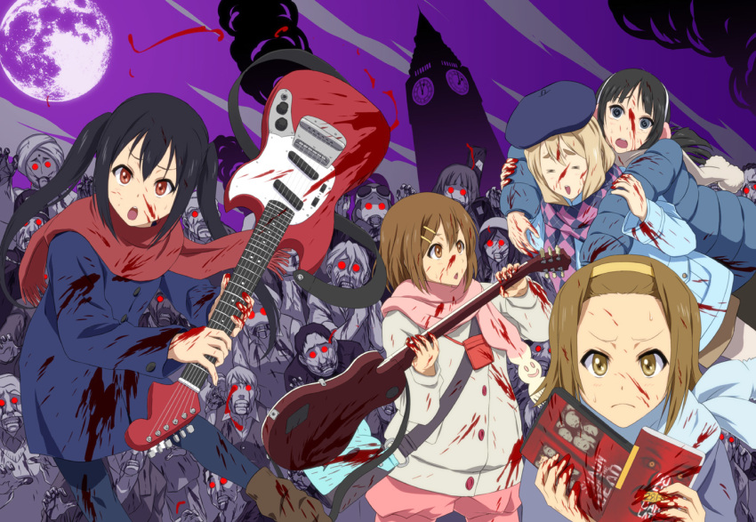 28_days_later 5girls akiyama_mio argyle_clothes argyle_scarf beret black_hair blonde_hair blood blood_on_face blood_stain blue_eyes brown_eyes brown_hair carrying closed_eyes commentary_request elizabeth_tower frown full_moon guitar hair_ornament hairband hairclip hat hirasawa_yui iga_tomoteru instrument k-on! k-on!_movie kotobuki_tsumugi moon multiple_girls nakano_azusa open_mouth piggyback red_eyes scarf shaun_of_the_dead short_hair tainaka_ritsu twintails zombie