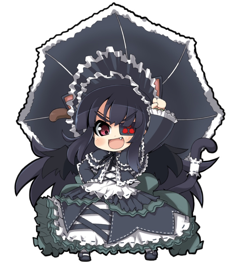 :d animal_ears black_hair black_umbrella chibi commentary_request dress eyepatch female gothic_lolita lolita_fashion mirai_(senran_kagura) oerba_yun_fang open_mouth red_eyes rikumaru senran_kagura senran_kagura_shoujo-tachi_no_shin'ei simple_background smile tail umbrella v-shaped_eyebrows white_background