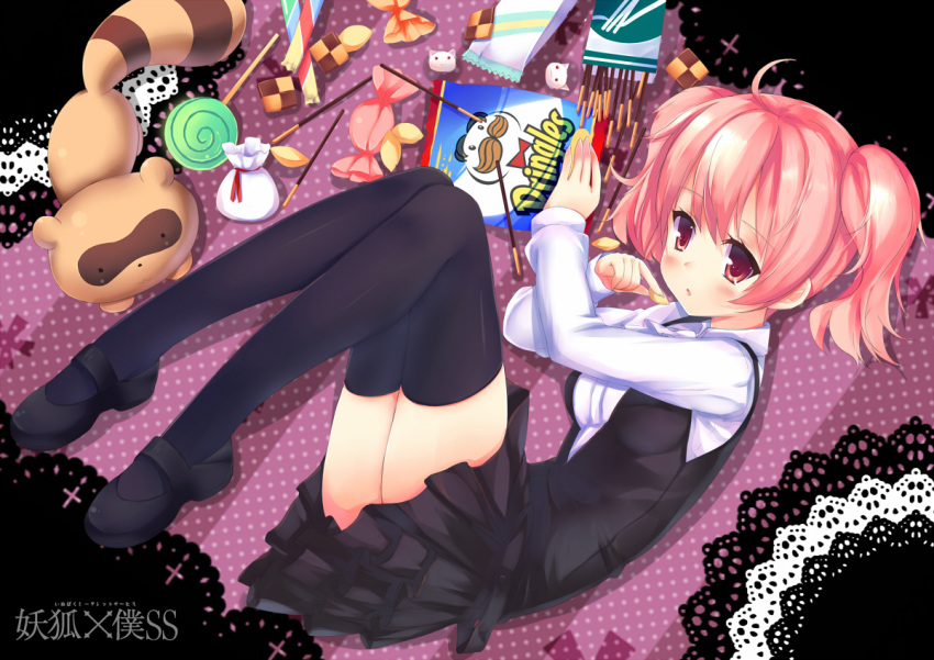 :3 bad_id bad_pixiv_id black_socks candy eating female food inu_x_boku_ss julius_pringles liong lollipop pocky pringles red_eyes red_hair roromiya_karuta short_hair skirt socks tanuki thighhighs twintails watanuki_banri