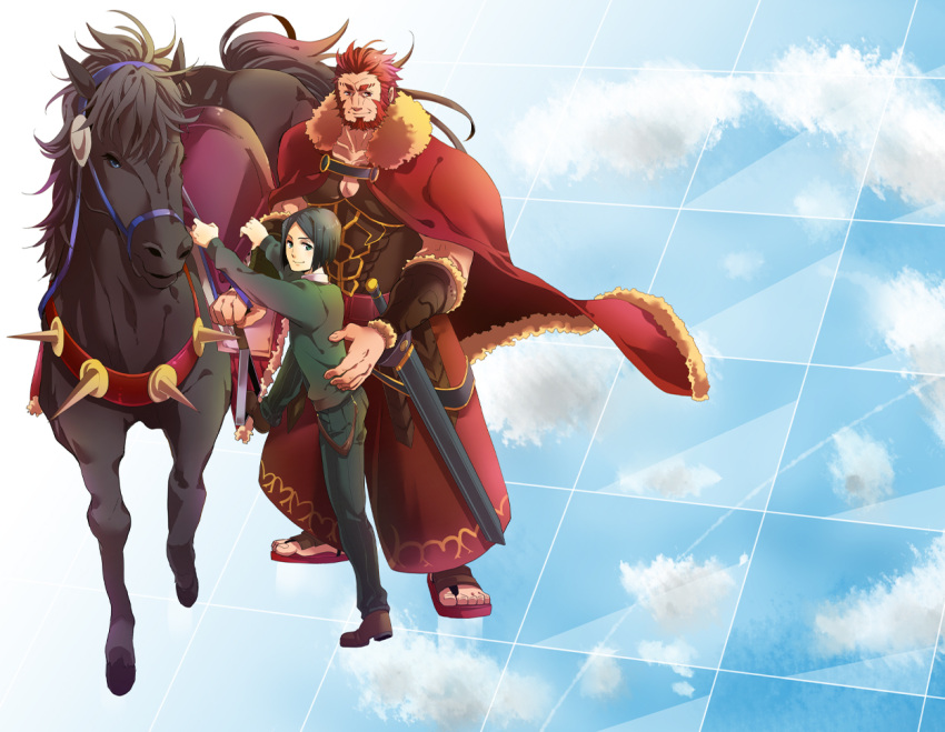 2boys armor bad_id bad_pixiv_id beard black_hair bob_cut bucephalus_(fate) cape facial_hair fate/zero fate_(series) green_eyes horse iskandar_(fate) juliacco male_focus multiple_boys necktie photoshop_(medium) red_eyes red_hair sandals waver_velvet