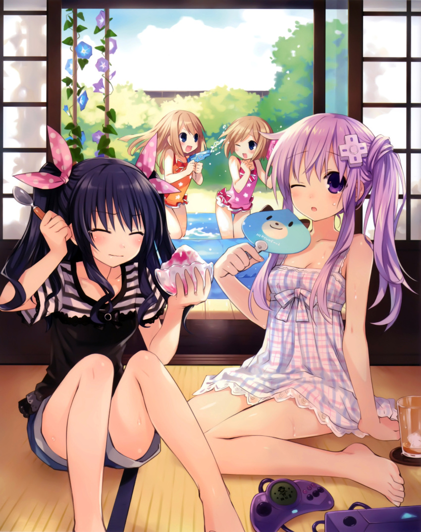 4girls :d :o absurdres alternate_hairstyle arm_support bare_legs bare_shoulders barefoot black_hair blue_eyes blue_flower blush bow bowl brain_freeze breasts brown_hair casual_one-piece_swimsuit choujigen_game_neptune_mk2 cleavage closed_eyes cloud collarbone controller cup d-pad d-pad_hair_ornament day denim denim_shorts dogoo dress feet feet_out_of_frame flower food game_console game_controller hair_ornament hair_ribbon hand_fan highres holding hot ice ice_cube long_hair medium_breasts morning_glory multiple_girls nepgear neptune_(series) official_art one-piece_swimsuit one_eye_closed open_mouth paper_fan photoshop_(medium) plaid plaid_dress plant polka_dot polka_dot_ribbon print_swimsuit purple_eyes purple_flower purple_hair ram_(neptunia) ribbon rom_(neptunia) shaved_ice short_hair short_sleeves shorts siblings side_ponytail sidelocks sisters sitting sliding_doors small_breasts smile spoon standing star_(symbol) star_print sweat swimsuit tatami tears thigh_gap toes tsunako twins two_side_up uchiwa uni_(neptunia) vines wading wading_pool wariza water_gun wince