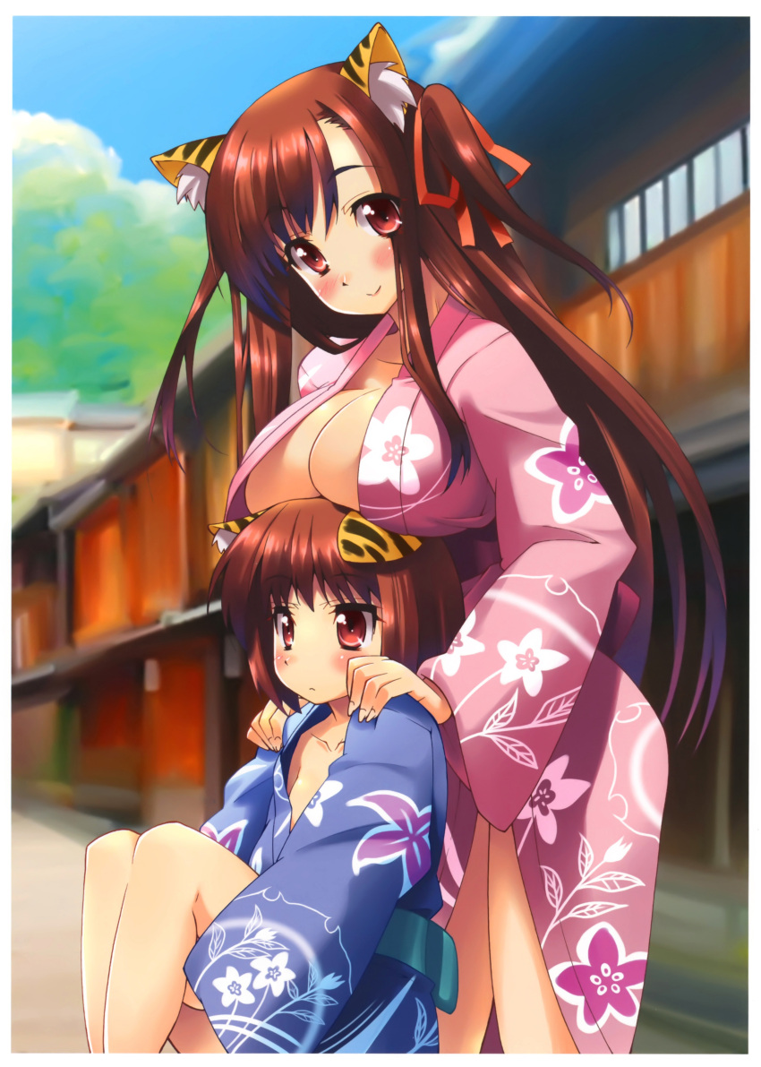 2girls :> absurdres animal_ears bare_legs blue_kimono blush breast_rest breasts breasts_on_head brown_hair cleavage flat_chest floral_print hands_on_shoulders highres hugging_own_legs japanese_clothes jitome kimono large_breasts long_hair looking_at_viewer multiple_girls open_clothes open_kimono original photoshop_(medium) pink_kimono print_kimono red_eyes shinozuka_atsuto short_hair sitting smile tiger_ears two_side_up yukata