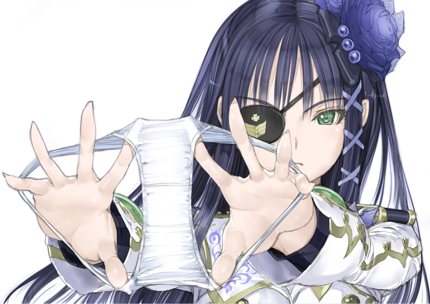 bad_id bad_pixiv_id black_hair eyepatch female green_eyes hands holding holding_clothes holding_panties holding_underwear long_hair nagisa_(psp2i) nakabayashi_reimei outstretched_hand panties phantasy_star phantasy_star_portable_2 phantasy_star_portable_2_infinity photoshop_(medium) portrait presenting_removed_panties solo underwear uniform white_background white_panties