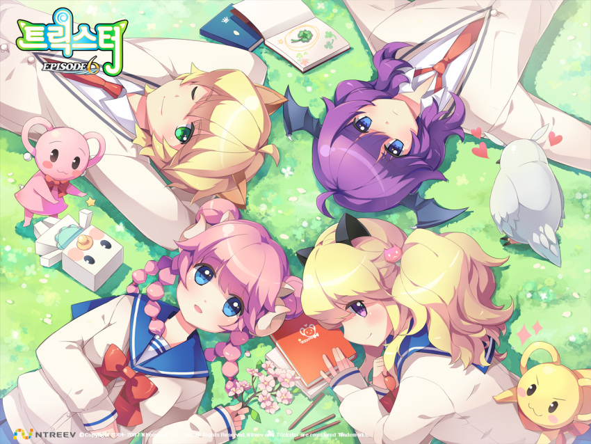 4girls animal_ears blazer blonde_hair blue_eyes blunt_bangs book bow braid cat_(trickster) cat_ears dragon_(trickster) flower green_eyes horns jacket lion_(trickster) multiple_girls necktie pink_hair purple_eyes purple_hair school_uniform sheep_(trickster) trickster_(ntreev_soft) twintails