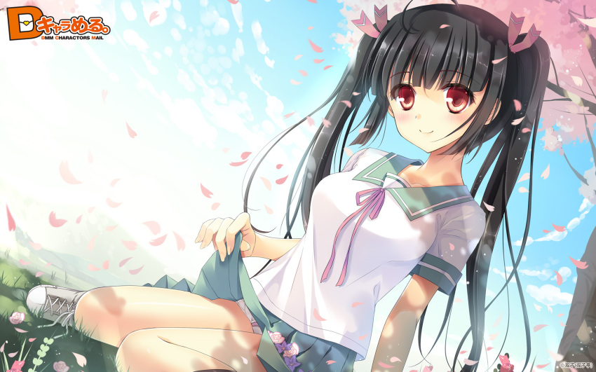 black_hair cherry_blossoms dmm female futako highres looking_at_viewer original panties pantyshot petals red_eyes school_uniform shoes sitting skirt smile solo twintails underwear