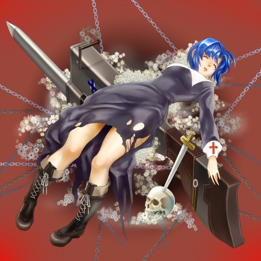 blue_hair chains ciel_(tsukihime) closed_eyes commentary_request daisy female flower habit highres miruhito_(sakiomiruhito) nun pile_bunker planted red_background seventh_holy_scripture short_hair skull solo torn_clothes tsukihime weapon white_flower