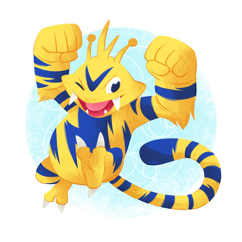 commentary_request electabuzz fangs highres melanie_matthews no_humans one_eye_closed open_mouth photoshop_(medium) pokemon pokemon_(creature) simple_background solo white_background