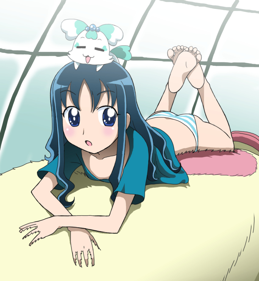 ass barefoot blue_eyes blue_hair blush coffret_(heartcatch_precure!) commentary_request coupe_(heartcatch_precure!) downblouse feet female heartcatch_precure! highres kurumi_erika long_hair lying on_stomach panties precure shirt soles striped_clothes striped_panties takaya_n the_pose toes underwear