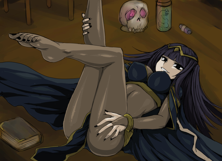 black_eyes black_hair bodysuit bracelet breasts commentary_request cuffs feet female fire_emblem fire_emblem_awakening grin hair_ornament jewelry kitsune-tsuki_(getter) large_breasts legs legs_up long_hair lying nail_polish on_back see-through skull smile snake solo tharja_(fire_emblem) toenail_polish toenails