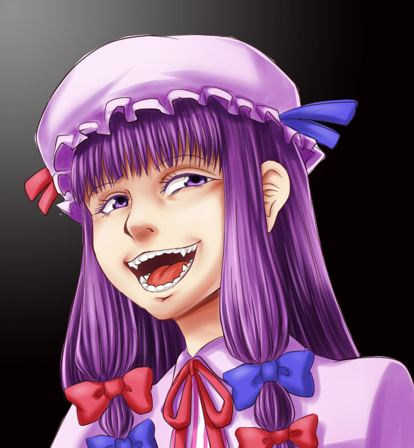 black_background bow commentary_request female hairbow hat highres long_hair naniwadou open_mouth patchouli_knowledge photoshop_(medium) purple_eyes purple_hair sidelocks simple_background smile solo touhou troll_face upper_body