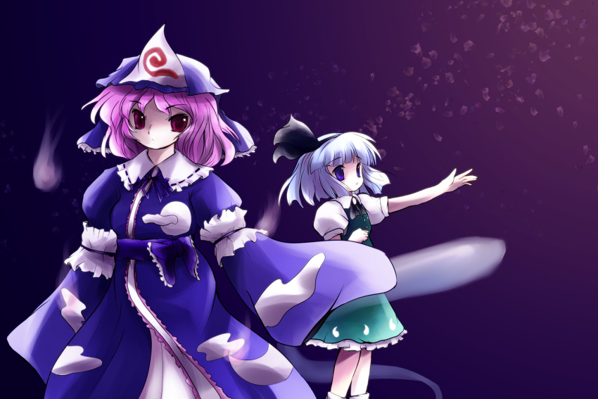 2girls commentary_request hat konpaku_youmu konpaku_youmu_(ghost) looking_at_viewer multiple_girls photoshop_(medium) saigyouji_yuyuko short_hair touhou yume_shokunin