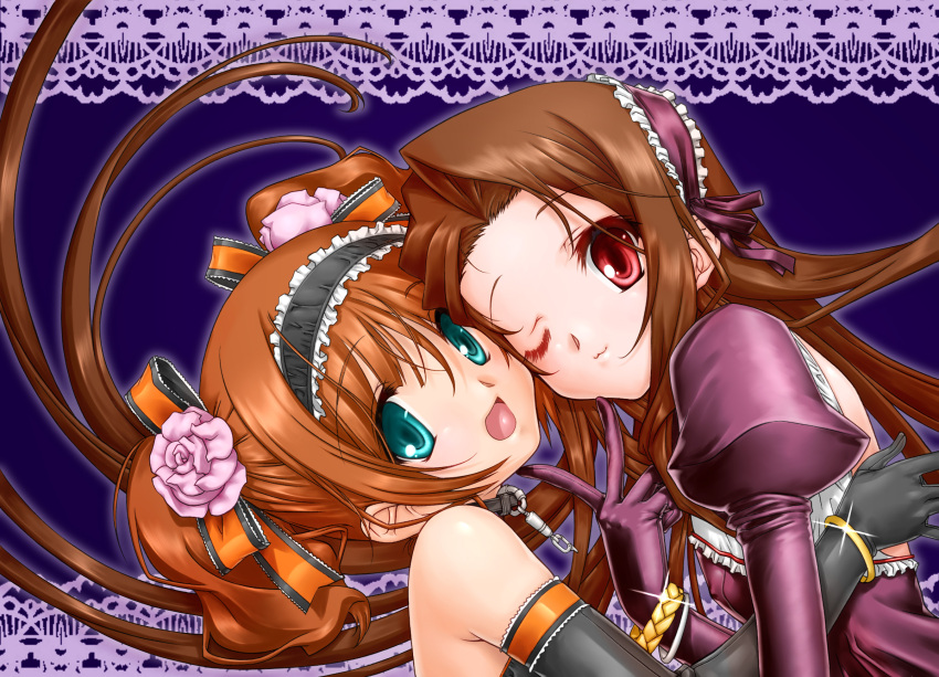 2girls :3 ^jj^ blue_eyes blush bracelet brown_hair colorized commentary_request elbow_gloves flower gloves gothic_lolita hair_flower hair_ornament hair_ribbon headdress highres idolmaster idolmaster_(classic) jewelry lolita_fashion long_hair looking_at_viewer minase_iori multiple_girls one_eye_closed open_mouth orange_hair photoshop_(medium) red_eyes ribbon senomoto_hisashi short_hair smile takatsuki_yayoi twintails