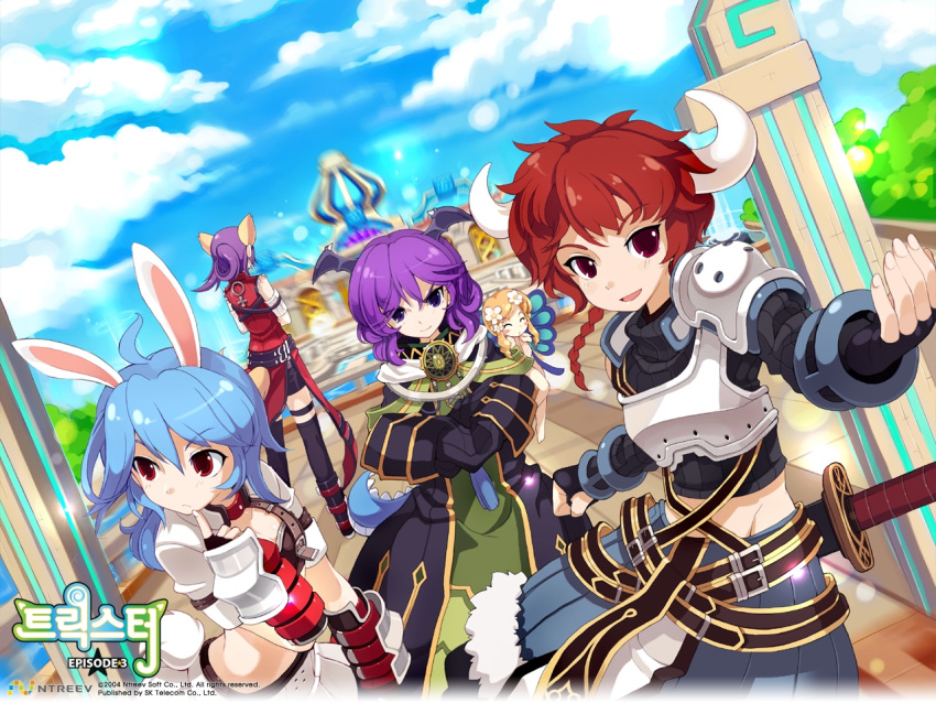 5girls animal_ears belt blonde_hair blue_hair braid breasts buffalo_(trickster) bunny_(trickster) choker dragon_(trickster) fingerless_gloves flower fox_(trickster) fox_ears fox_tail frills gauntlets gloves horns long_hair medium_breasts multiple_girls open_mouth ponytail purple_eyes purple_hair rabbit_ears red_eyes red_hair shoulder_pads skirt sword tail trickster_(ntreev_soft) weapon