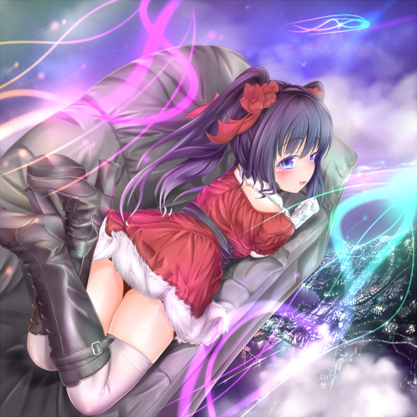 blush boots commentary_request couch female floating gloves highres lying on_stomach open_mouth original pink_thighhighs purple_hair santa_costume skirt solo thighhighs twintails wingheart