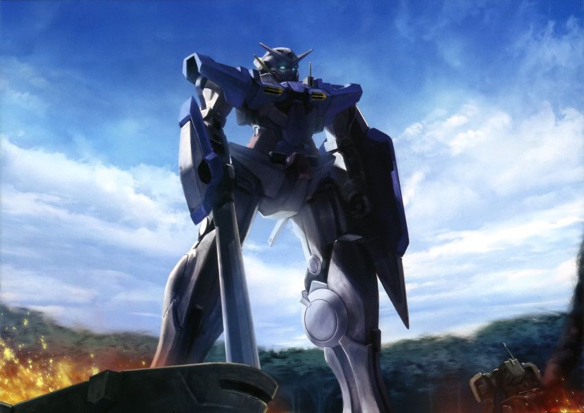 armor artist_request blue_eyes blue_sky burning cannon cloud dark day forest gundam gundam_00 gundam_exia highres machinery mecha nature no_humans outdoors robot sky smoke standing turret