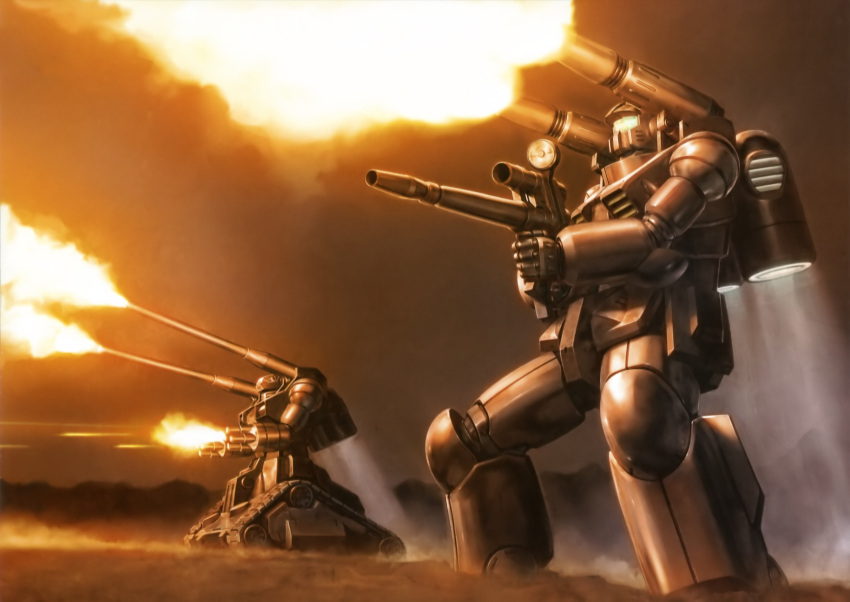 1970s_(style) 1980s_(style) artist_request battle cannon dust firing gun guncannon gundam guntank highres mecha mobile_suit_gundam mountain no_humans realistic retro_artstyle rifle robot science_fiction smoke war weapon